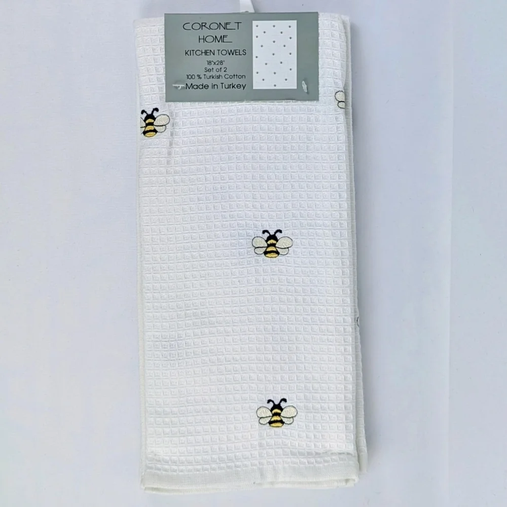 Kitchen Towel Set Of Two (2) Bumble Bee Embroider Applique 100% Cotton White NWT